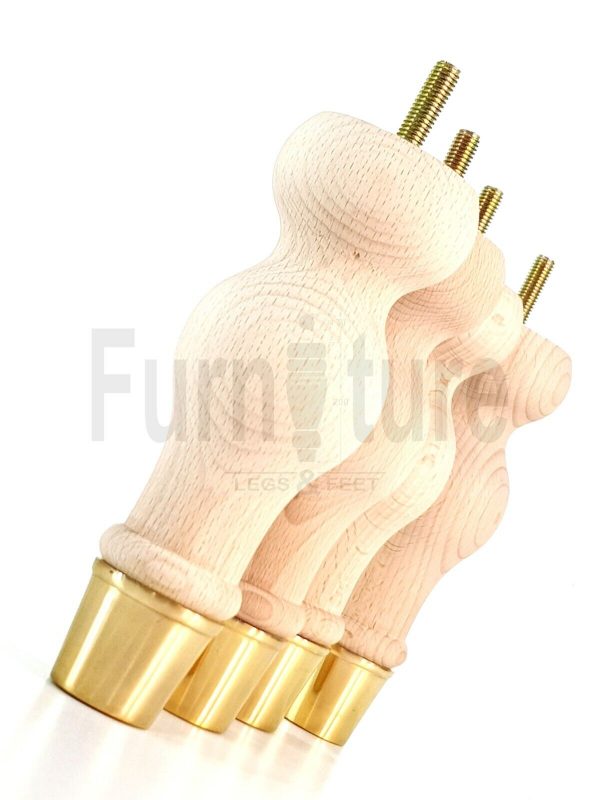 4 Turned Wooden Furniture Leg Brass Slipper Cup Raw Wood Bun Feet M8 160mm High - Image 13