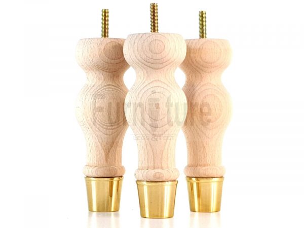 4 Turned Wooden Furniture Leg Brass Slipper Cup Raw Wood Bun Feet M8 160mm High - Image 3