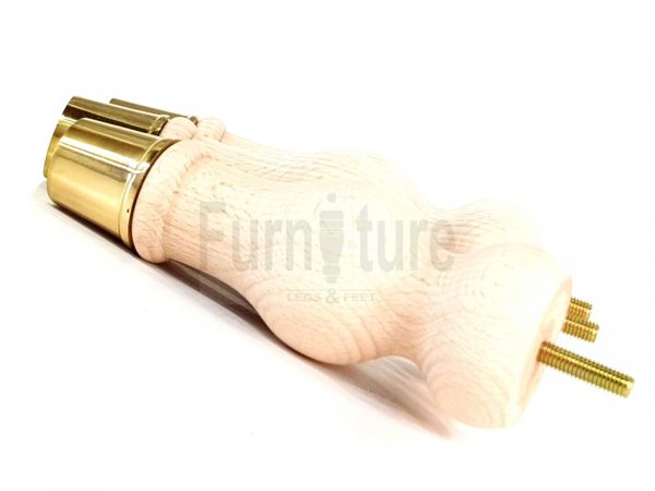 4 Turned Wooden Furniture Leg Brass Slipper Cup Raw Wood Bun Feet M8 160mm High - Image 5