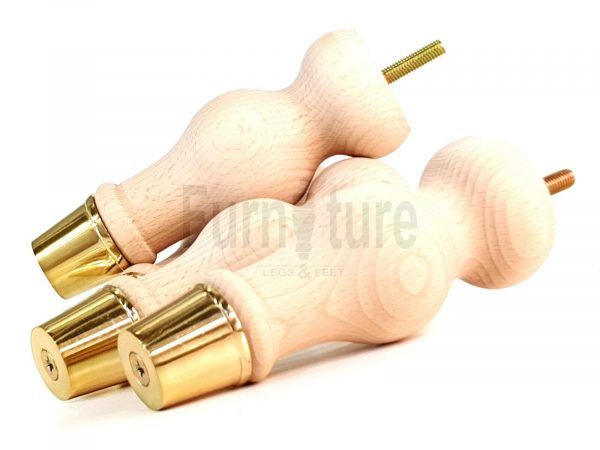 4 Turned Wooden Furniture Leg Brass Slipper Cup Raw Wood Bun Feet M8 160mm High - Image 6