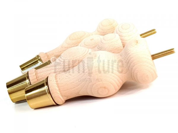 4 Turned Wooden Furniture Leg Brass Slipper Cup Raw Wood Bun Feet M8 160mm High - Image 7