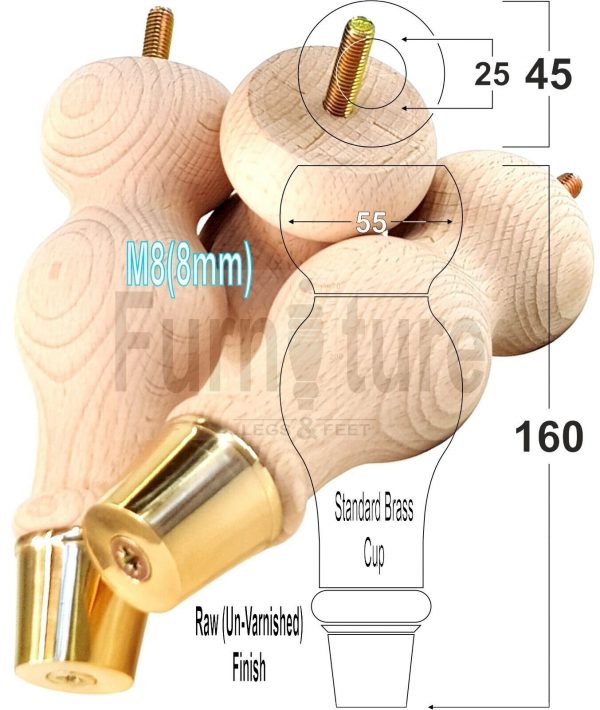 4 Turned Wooden Furniture Leg Brass Slipper Cup Raw Wood Bun Feet M8 160mm High