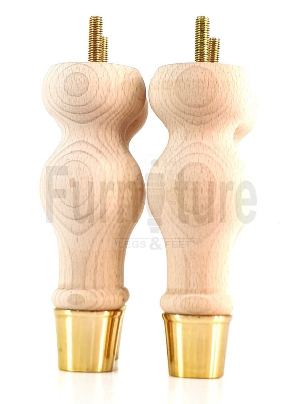 4 Turned Wooden Furniture Leg Brass Slipper Cup Raw Wood Bun Feet M8 160mm High - Image 8