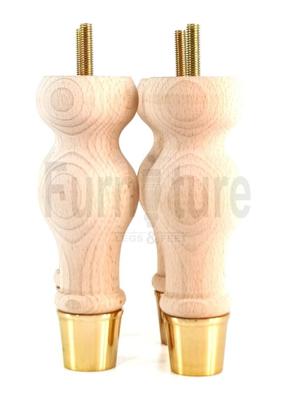 4 Turned Wooden Furniture Leg Brass Slipper Cup Raw Wood Bun Feet M8 160mm High - Image 10