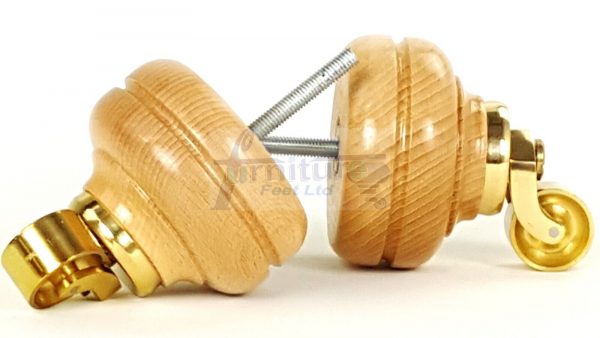4  Wood Feet Natural Turned Furniture Brass Castor Leg Chair Stool Sofas M8 - Image 9