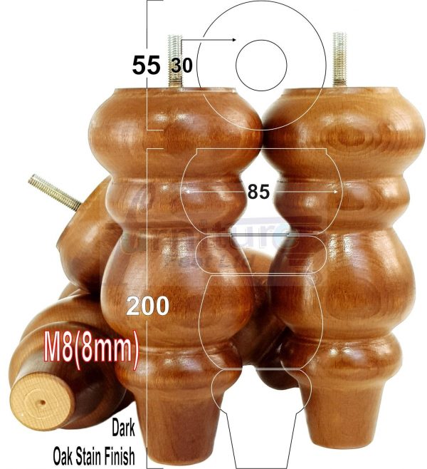 4 Replacement Turned Wooden Furniture Sofa Legs M8 Chair Settee Feet 200mm High - Image 22