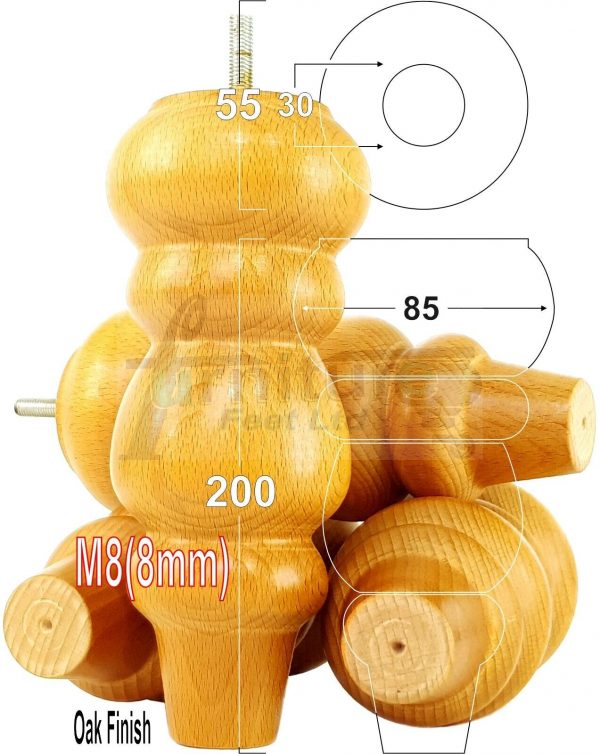 4 Replacement Turned Wooden Furniture Sofa Legs M8 Chair Settee Feet 200mm High - Image 20
