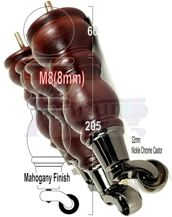 4x SOLID WOOD FURNITURE SOFA LEGS M8 REPLACEMENT FEET WITH CASTORS 215mm HIGH - Image 16