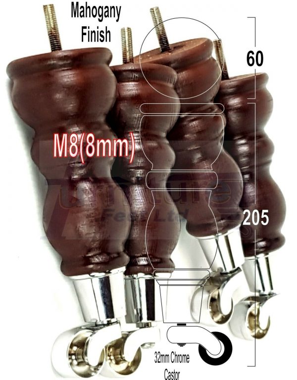 4x SOLID WOOD FURNITURE SOFA LEGS M8 REPLACEMENT FEET WITH CASTORS 215mm HIGH - Image 14