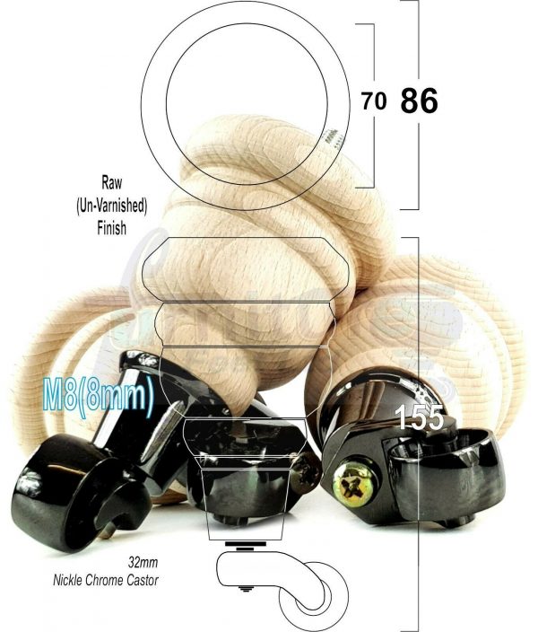 4x TURNED WOODEN CASTOR LEGS 165mm High CHAIR REPLACEMENT FURNITURE FEET M8(8mm) - Image 16