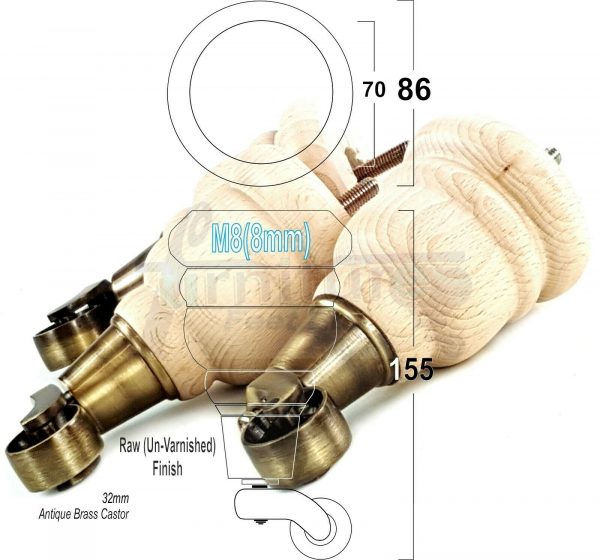 4x TURNED WOODEN CASTOR LEGS 165mm High CHAIR REPLACEMENT FURNITURE FEET M8(8mm) - Image 15