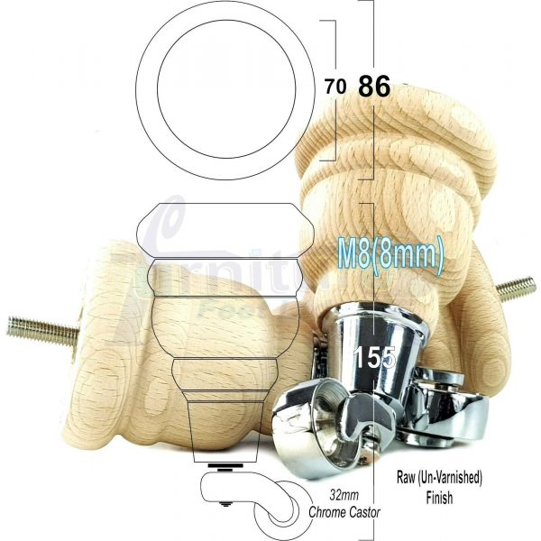 4x TURNED WOODEN CASTOR LEGS 165mm High CHAIR REPLACEMENT FURNITURE FEET M8(8mm) - Image 14
