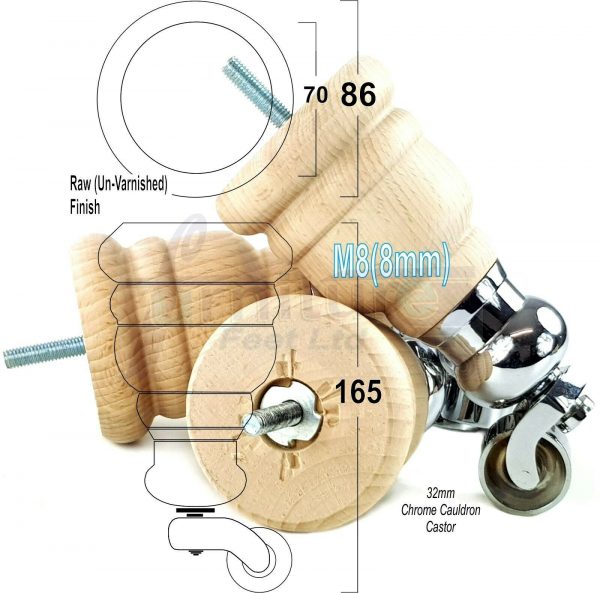 4x TURNED WOODEN CASTOR LEGS 165mm High CHAIR REPLACEMENT FURNITURE FEET M8(8mm) - Image 18