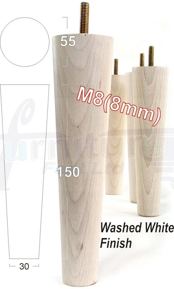 4x WOOD REPLACEMENT FURNITURE CHAIR LEG M8(8mm) TAPERED SETTEE FEET 150mm HIGH - Image 36