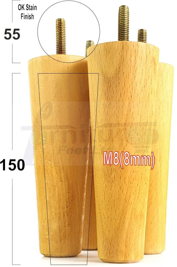 4x WOOD REPLACEMENT FURNITURE CHAIR LEG M8(8mm) TAPERED SETTEE FEET 150mm HIGH - Image 29
