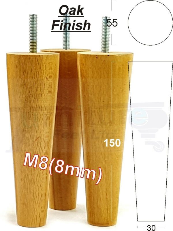 4x WOOD REPLACEMENT FURNITURE CHAIR LEG M8(8mm) TAPERED SETTEE FEET 150mm HIGH - Image 28