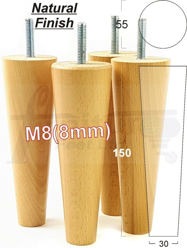 4x WOOD REPLACEMENT FURNITURE CHAIR LEG M8(8mm) TAPERED SETTEE FEET 150mm HIGH - Image 27