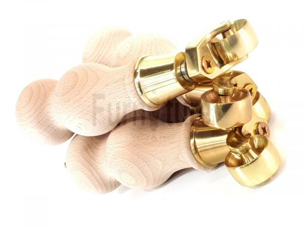 4 Turned Wooden Furniture Leg Brass Castor Wheel Raw Wood Bun Feet M8 195mm High - Image 11