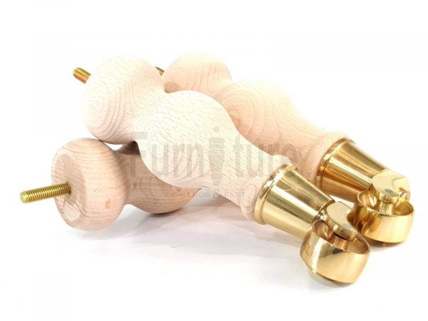 4 Turned Wooden Furniture Leg Brass Castor Wheel Raw Wood Bun Feet M8 195mm High - Image 5