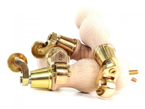 4 Turned Wooden Furniture Leg Brass Castor Wheel Raw Wood Bun Feet M8 195mm High - Image 6
