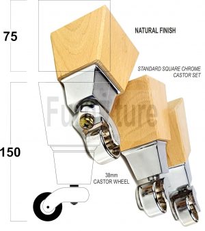 4x Block Wood With Chrome Castor Furniture Chair Settee Legs M8 Sofa Feet 150mm