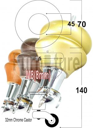 4x Turned Wood Furniture Castor Leg M8 Replacement Feet Chairs Stools Sofa 140mm