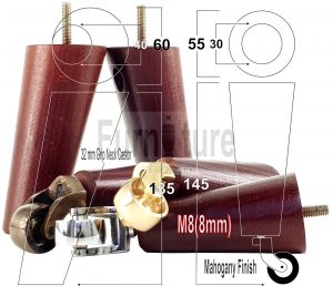 4x Wooden Chair Legs 2x With Castors M8 Replacement Settee Furniture Feet 145mm