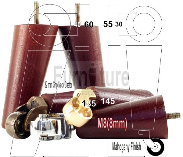4x Wooden Chair Legs 2x With Castors M8 Replacement Settee Furniture Feet 145mm