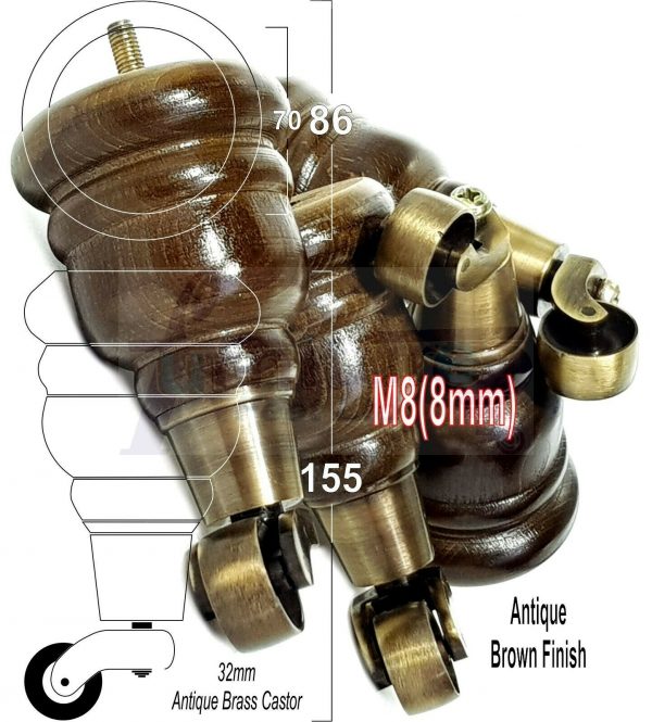 4x SOLID WOOD FURNITURE LEGS M8 REPLACEMENT ANTIQUE BRASS CASTOR FEET 155mm HIGH - Image 14