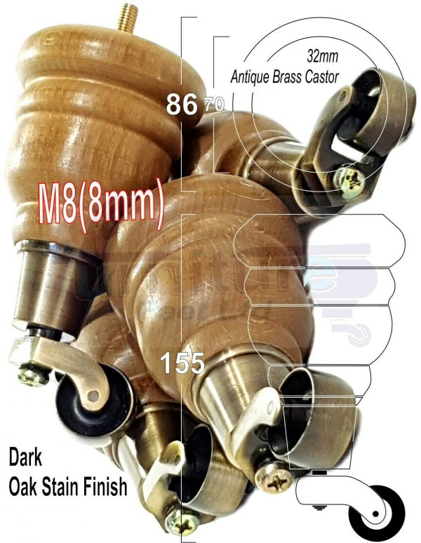 4x SOLID WOOD FURNITURE LEGS M8 REPLACEMENT ANTIQUE BRASS CASTOR FEET 155mm HIGH - Image 32