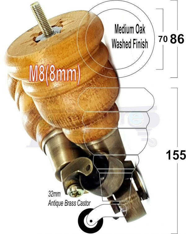 4x SOLID WOOD FURNITURE LEGS M8 REPLACEMENT ANTIQUE BRASS CASTOR FEET 155mm HIGH - Image 28