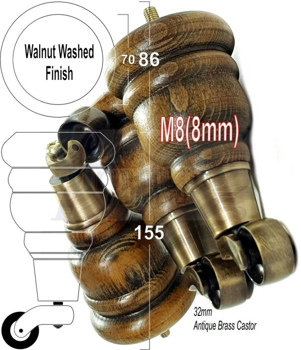 4x SOLID WOOD FURNITURE LEGS M8 REPLACEMENT ANTIQUE BRASS CASTOR FEET 155mm HIGH - Image 21