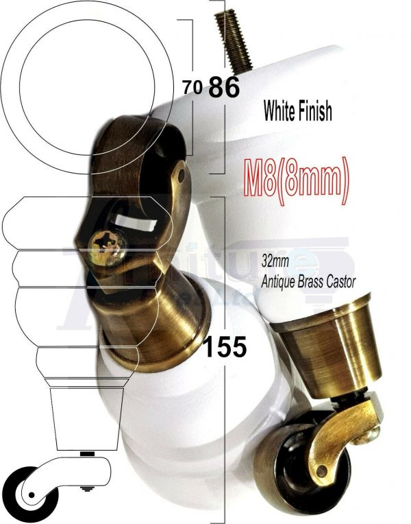 4x SOLID WOOD FURNITURE LEGS M8 REPLACEMENT ANTIQUE BRASS CASTOR FEET 155mm HIGH - Image 36