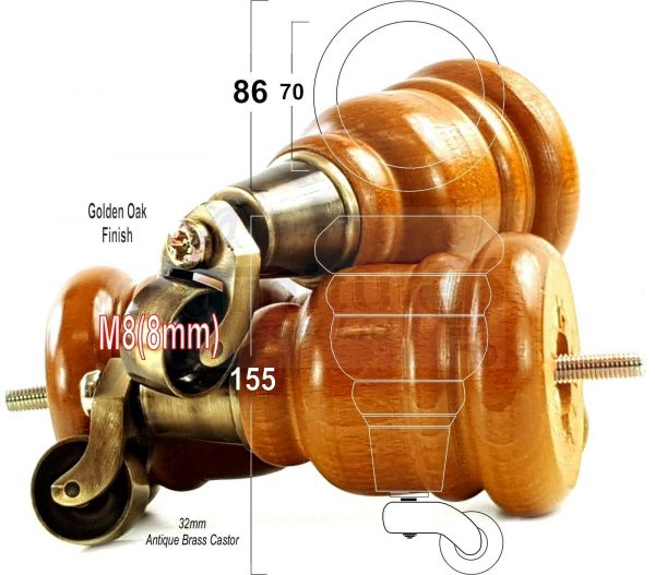 4x SOLID WOOD FURNITURE LEGS M8 REPLACEMENT ANTIQUE BRASS CASTOR FEET 155mm HIGH - Image 23