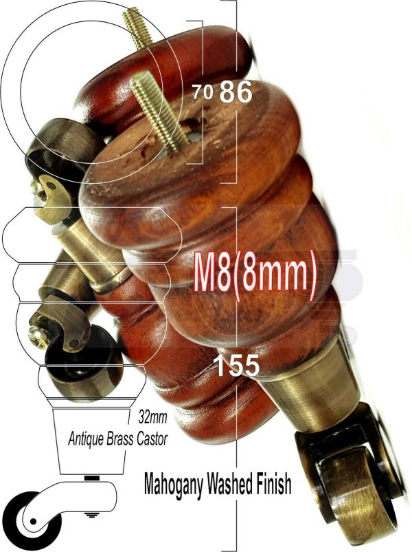 4x SOLID WOOD FURNITURE LEGS M8 REPLACEMENT ANTIQUE BRASS CASTOR FEET 155mm HIGH - Image 27