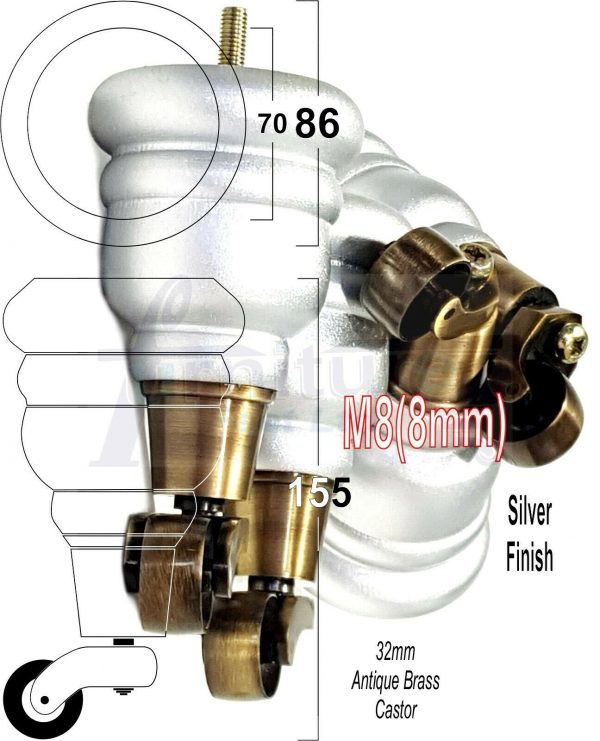 4x SOLID WOOD FURNITURE LEGS M8 REPLACEMENT ANTIQUE BRASS CASTOR FEET 155mm HIGH - Image 33