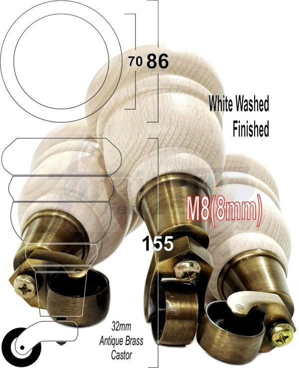 4x SOLID WOOD FURNITURE LEGS M8 REPLACEMENT ANTIQUE BRASS CASTOR FEET 155mm HIGH - Image 37