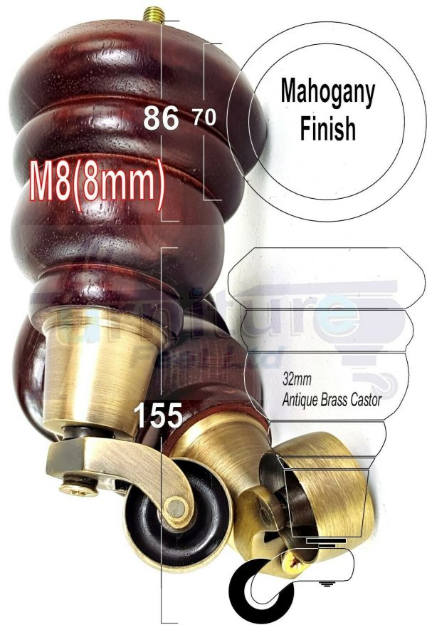 4x SOLID WOOD FURNITURE LEGS M8 REPLACEMENT ANTIQUE BRASS CASTOR FEET 155mm HIGH - Image 25