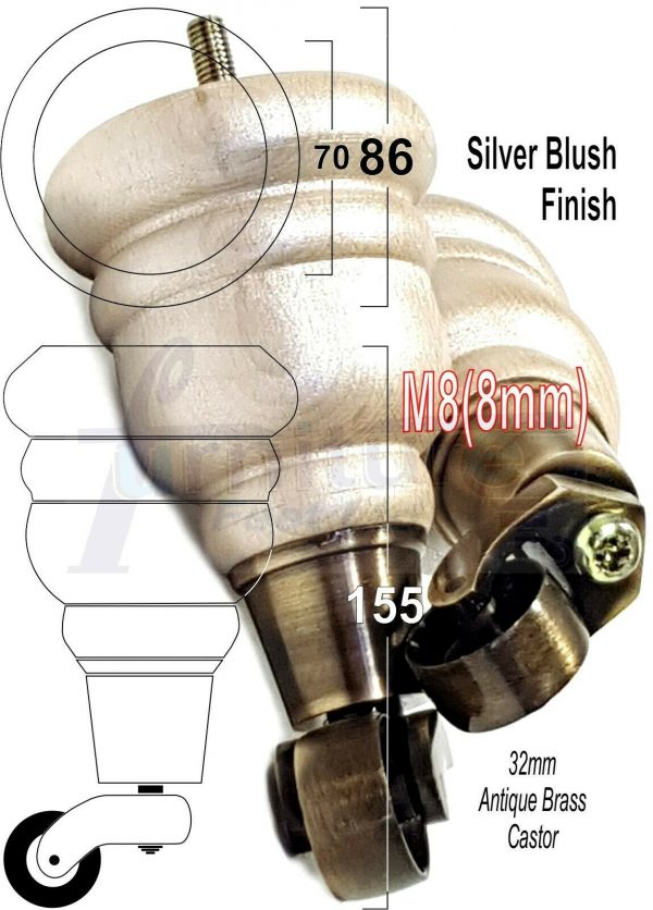 4x SOLID WOOD FURNITURE LEGS M8 REPLACEMENT ANTIQUE BRASS CASTOR FEET 155mm HIGH - Image 18