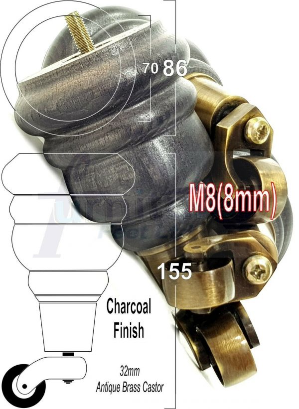4x SOLID WOOD FURNITURE LEGS M8 REPLACEMENT ANTIQUE BRASS CASTOR FEET 155mm HIGH - Image 41
