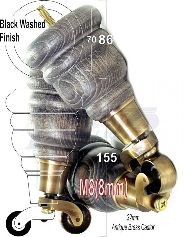 4x SOLID WOOD FURNITURE LEGS M8 REPLACEMENT ANTIQUE BRASS CASTOR FEET 155mm HIGH - Image 17