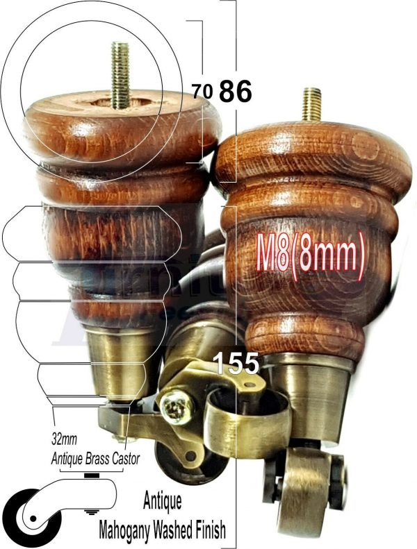 4x SOLID WOOD FURNITURE LEGS M8 REPLACEMENT ANTIQUE BRASS CASTOR FEET 155mm HIGH - Image 40