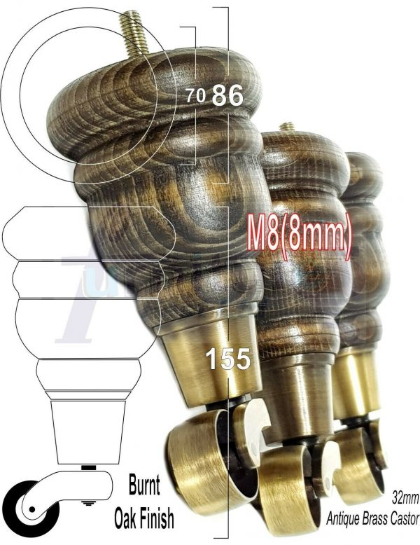 4x SOLID WOOD FURNITURE LEGS M8 REPLACEMENT ANTIQUE BRASS CASTOR FEET 155mm HIGH - Image 42