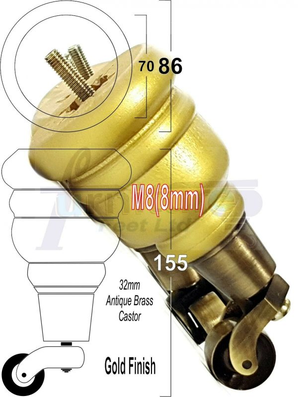 4x SOLID WOOD FURNITURE LEGS M8 REPLACEMENT ANTIQUE BRASS CASTOR FEET 155mm HIGH - Image 22