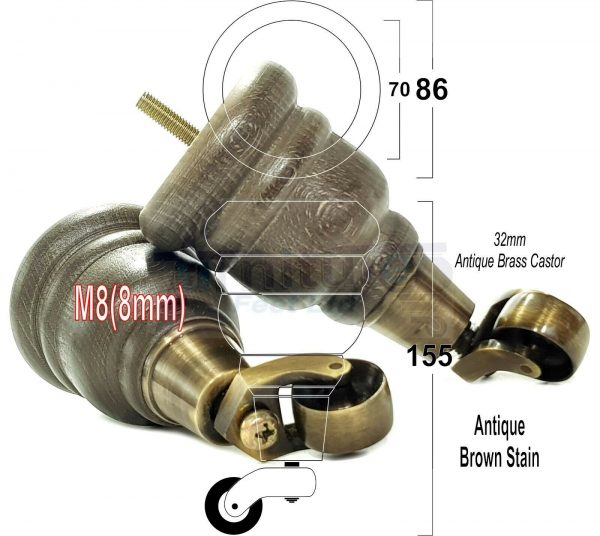 4x SOLID WOOD FURNITURE LEGS M8 REPLACEMENT ANTIQUE BRASS CASTOR FEET 155mm HIGH - Image 15