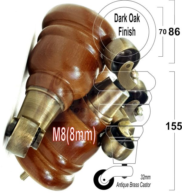 4x SOLID WOOD FURNITURE LEGS M8 REPLACEMENT ANTIQUE BRASS CASTOR FEET 155mm HIGH - Image 19