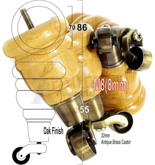 4x SOLID WOOD FURNITURE LEGS M8 REPLACEMENT ANTIQUE BRASS CASTOR FEET 155mm HIGH - Image 30