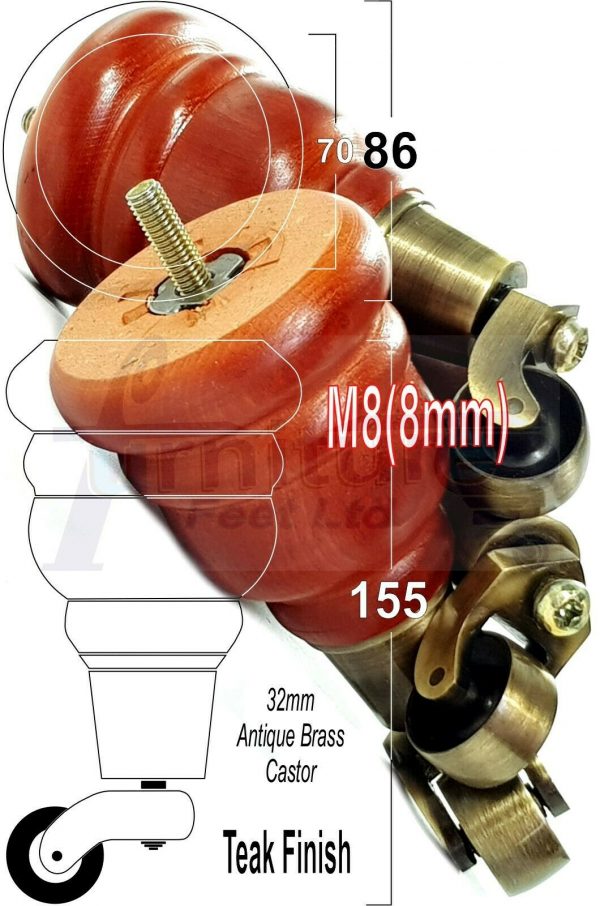 4x SOLID WOOD FURNITURE LEGS M8 REPLACEMENT ANTIQUE BRASS CASTOR FEET 155mm HIGH - Image 35