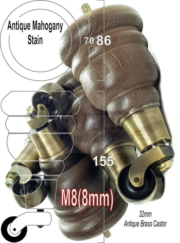 4x SOLID WOOD FURNITURE LEGS M8 REPLACEMENT ANTIQUE BRASS CASTOR FEET 155mm HIGH - Image 39