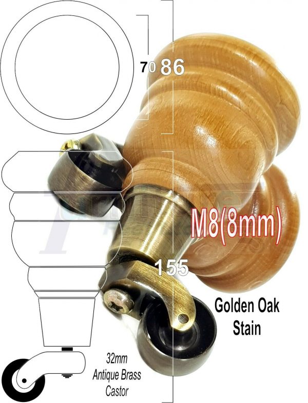 4x SOLID WOOD FURNITURE LEGS M8 REPLACEMENT ANTIQUE BRASS CASTOR FEET 155mm HIGH - Image 24
